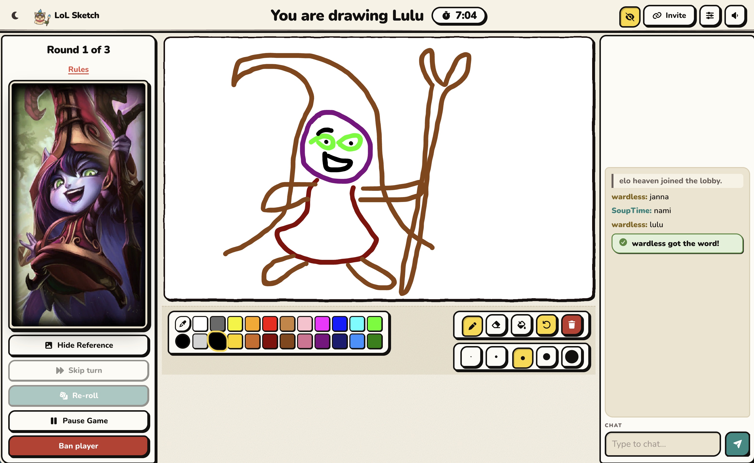 LoL Sketch lobby with a drawing canvas, colour palette, and chat